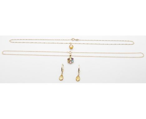 A 9ct gold necklace set with a garnet, topaz, amethyst, peridot, citrine and a diamond, a 9ct gold pendant and earrings set w