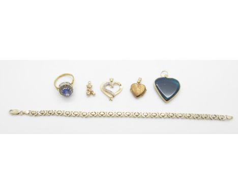 A silver ring, silver bracelet, rolled gold pendant, silver gilt pendant set with diamonds, etc&nbsp;