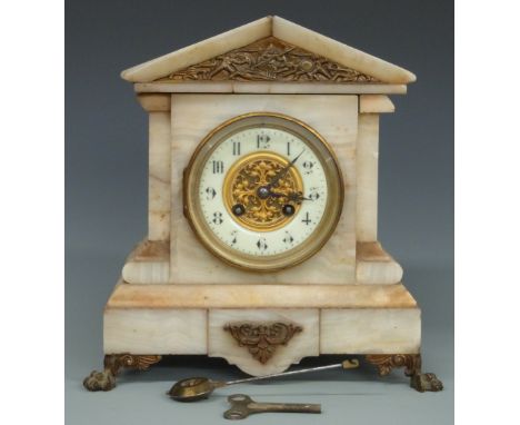 19th century architectural marbled cased mantel clock with two train movement by Marti, raised on paw feet, 27cm tall&nbsp;&n