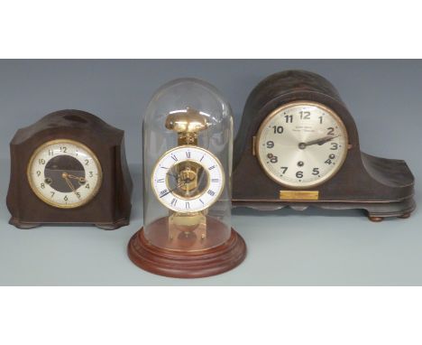 Skeleton clock under glass dome (30cm tall), Smiths bakelite clock and a three train mantel clock marked Kemp Bros, Bristol