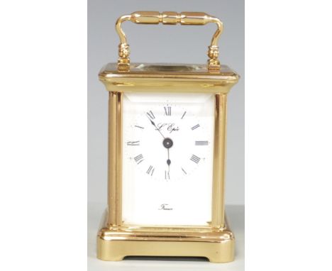 L'Epée France 20thC miniature brass carriage clock in corniche style case, with enamelled Roman dial and blued spade hands, 6