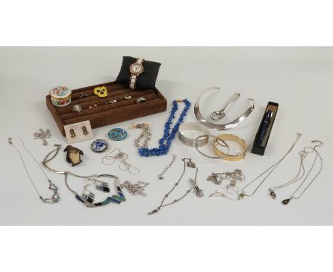 A collection of silver jewellery including rings, bracelet, earrings and necklace, a Waterman pen, costume jewellery, buckle 