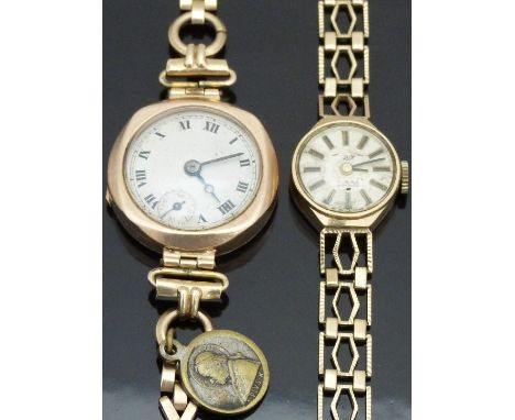Two 9ct gold ladies watches one with subsidiary seconds dial, blued hands and Roman numerals, case diameter 23mm, 18.5g the o