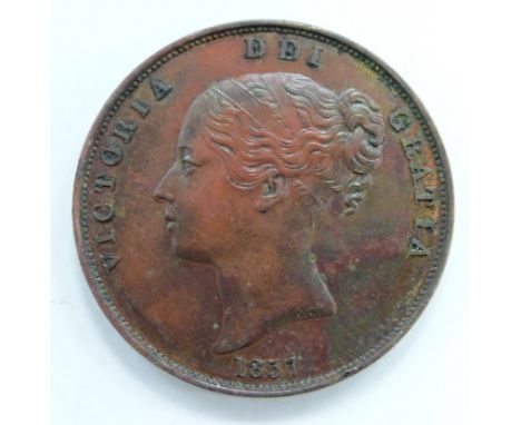 Queen Victoria 1857 copper penny, PT, close colon after DEF, unc, light die crack in field obverse, toned