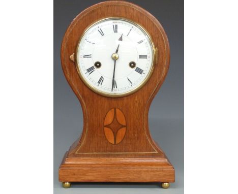 Late 19thC / early 20thC balloon-cased mantel clock with inlaid decoration and GB Sileste to two-train movement striking on a