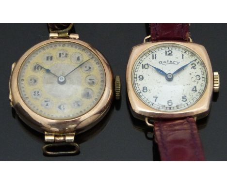 Two 9ct gold ladies wristwatches both with blued hands and black Arabic numerals, one Rotary on burgundy snake effect strap, 