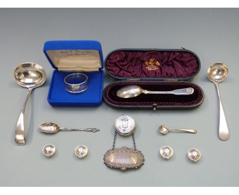 A quantity of hallmarked silver and white metal items including cased Victorian fiddle thread and shell pattern teaspoon, two