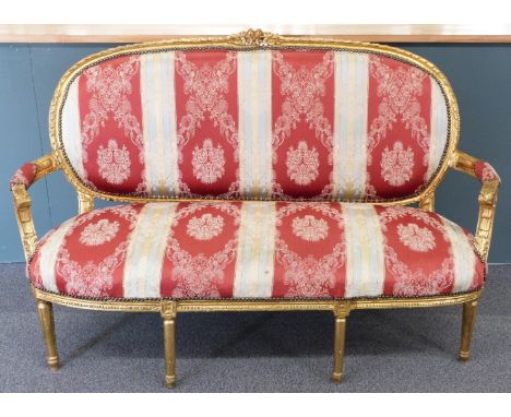 Louis XVI style giltwood upholstered salon sofa raised on six tapering legs, 161 x 62 x 101cm&nbsp;