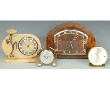 Three trained mantel clock, Art Deco figural clock, Swiza clock and a barometer&nbsp;