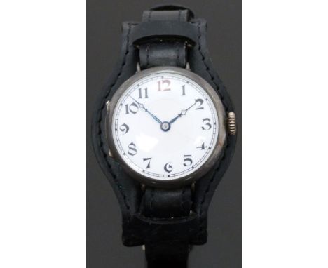 George Stockwell silver military style gentleman's wristwatch with blued hands, Arabic numerals, stepped white enamel dial an