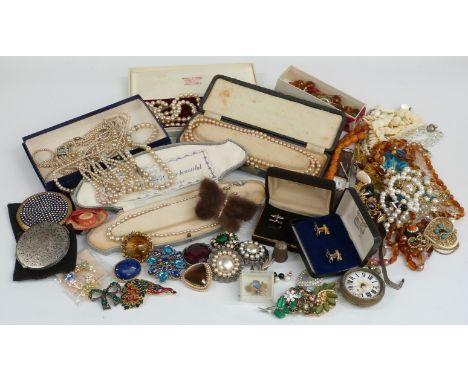 A collection of costume jewellery including beads, brooches, watches, silver handled button hook, Juicy Couture etc&nbsp;