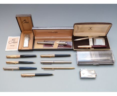 Collection of vintage pens including Parker 61, 45, 25, cased Taylorpen hallmarked silver pen, Sheaffer White Dot in box, lig