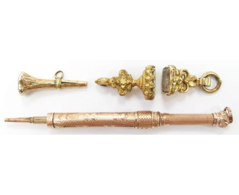 Two Victorian intaglio seals, one engraved 'beautiful and secret', a Victorian fob and a gold plated Mabie, Todd &amp; Co pen
