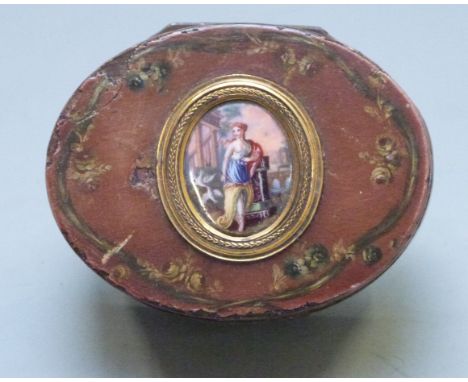 A 19th century white metal mounted painted and tortoiseshell oval trinket box, the body painted with foliate and floral decor