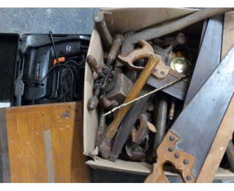A quantity of mainly woodworking tools including planes, boxed drill, saws etc