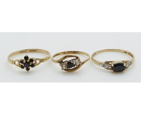 Two 9ct gold rings set with sapphires and a 9ct gold ring set with a sapphire and diamonds