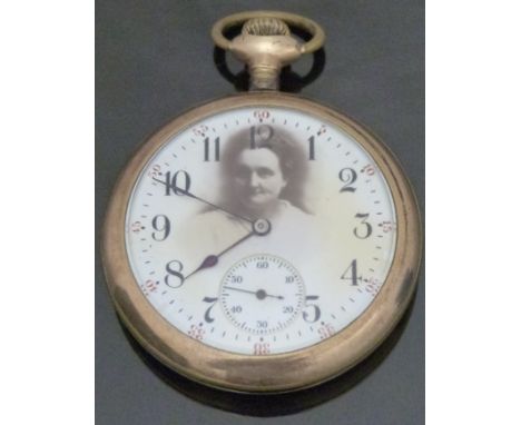 Sangamo gold plated keyless winding open faced pocket watch with inset subsidiary seconds dial, blued hands, Arabic numerals,