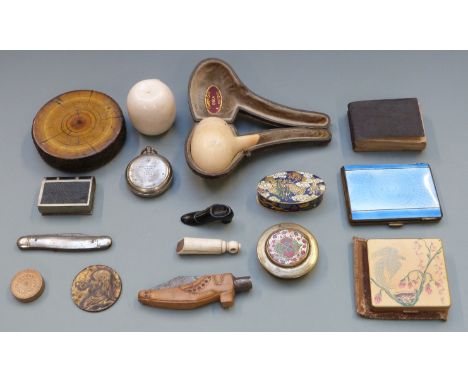 A quantity of collectables and bijouterie including tree trunk effect box, turned ivory box including miniature contents, ena