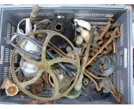 A quantity of garden ornaments and metalware including copper vessel, mincers, lamp top etc