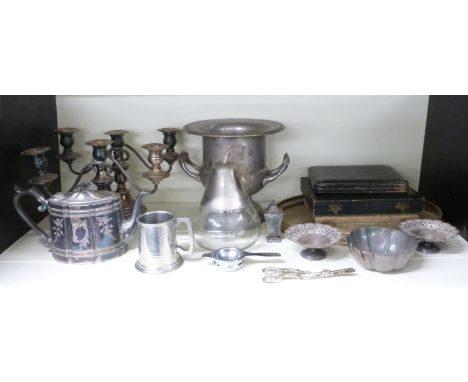 Plated and metal ware including Campana shaped wine bucket height 22cm, Victorian teapot, pair of candelabra, tray, bonbon di