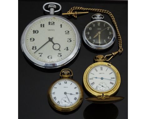 Four Smiths keyless winding pocket watches comprising a 'Goliath' (case diameter 88mm), a gold plated full hunter on gold pla