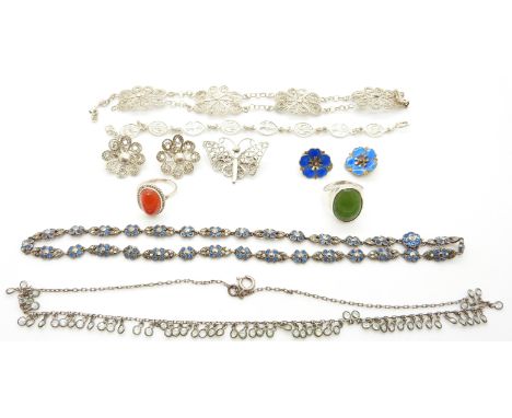 A silver necklace set with marcasite and blue paste, filigree brooch, bracelet and earrings, silver bracelet, silver rings, s