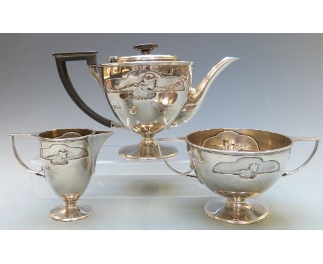 Kate Harris Art Nouveau hallmarked silver three piece teaset, with inset panels of stylised ladies with outstretched arms, Lo