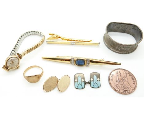 A 9ct gold signet ring, 9ct gold cufflink (7.6g), 9ct gold watch, silver napkin ring etc&nbsp;