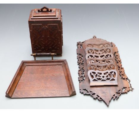 Italian olivewood wall mounted fretwork letter / magazine rack, height 44cm, oak fretwork tea caddy and crumb tray