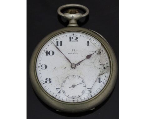 Omega keyless winding open faced pocket watch with inset subsidiary seconds dial, blued hands, black Arabic numerals, stepped