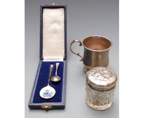 Hallmarked silver christening mug, height 7cm, weight 73g, hallmarked silver topped cut glass dressing table pot, silver and 