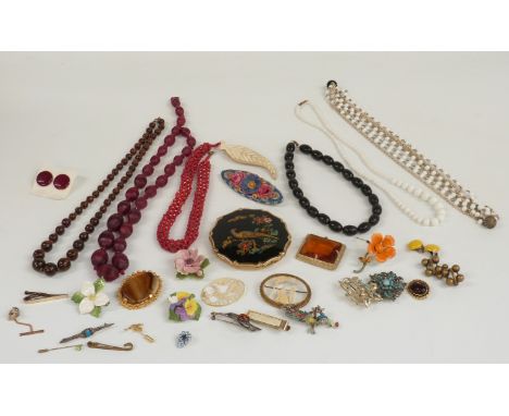 A collection of costume jewellery including two silver brooches, Stratton compact, enamel brooch, enamel and marcasite brooch