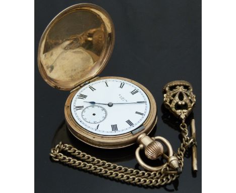 Elgin gold plated keyless winding full hunter pocket watch with inset subsidiary seconds dial, blued hands, black Roman numer