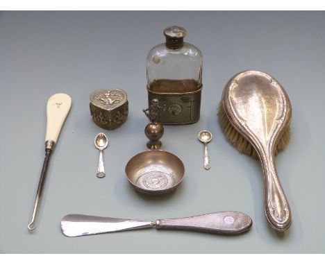 Three hallmarked silver mounted dressing table items, Victorian hallmarked silver cherub London 1885, white metal bowl marked