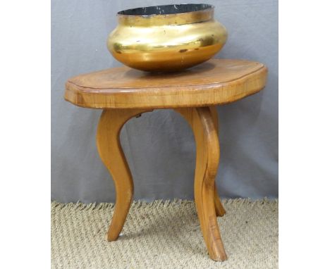 Small wooden stool, the top formed from a tree trunk round, height 41cm and a gilt glass bowl