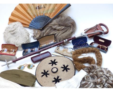 Chinese style hat with plaited hair ponytail, vintage wigs/ hair pieces, spectacles in local optician named cases, shooting s
