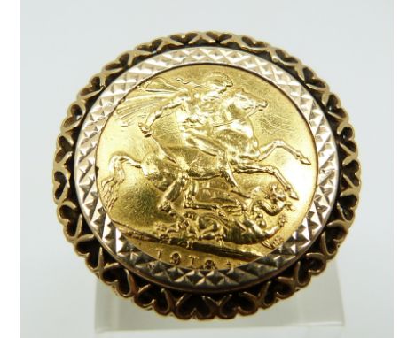 A 9ct gold ring set with a 1918 gold full sovereign, 14.2g (size K)