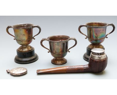 Three small hallmarked silver trophy cups, weight 183g, two on bases, Victorian hallmarked silver mounted lidded pipe, London