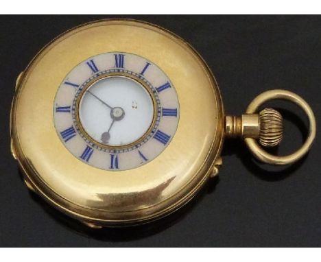 W C Mann of Gloucester 18ct gold keyless winding half hunter pocket watch with black hands and Roman numerals, white enamel d