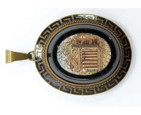 Victorian pendant set with micro mosaic depicting the Pantheon within enamel Greek key border, 3 x 4cm