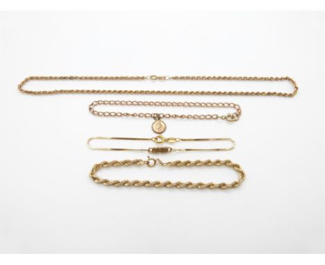A 9ct gold rope twist bracelet and necklace, a 9ct rose gold bracelet and another 9ct gold bracelet, 11.9g