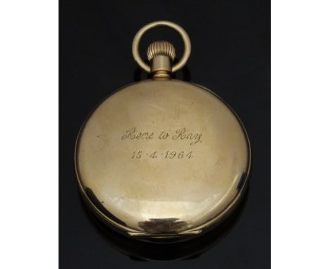 J W Benson 9ct gold keyless winding open faced pocket watch with subsidiary seconds dial, gold hands, black Roman numerals, w