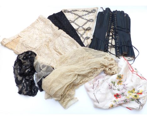 A quantity of 19thC and later textiles including lace blouse probably Georgian and a possibly Edwardian whalebone corset