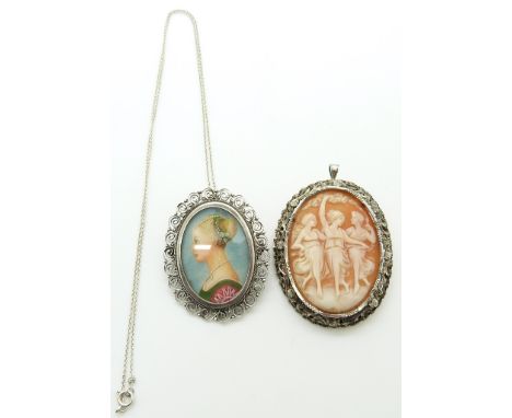 A silver pendant/ brooch set with a cameo depicting the Three Graces and a portrait miniature set into a brooch/ pendant&nbsp