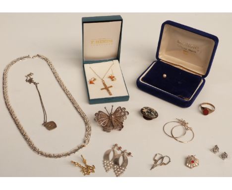 A silver St Christopher, 9ct gold crucifix, large collection of earrings including 9ct gold, silver ring, filigree brooch, et