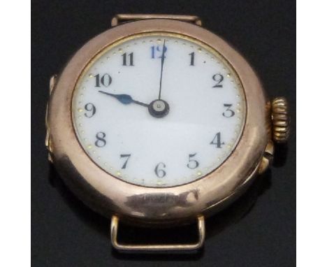 9ct gold wristwatch with blued hands, Arabic numerals, gilt minute markers, white enamel dial and Swiss movement, case diamet