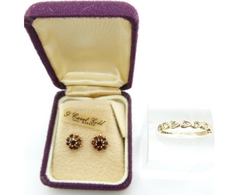 A pair of 9ct gold earrings set with garnets and a 9ct gold ring&nbsp;