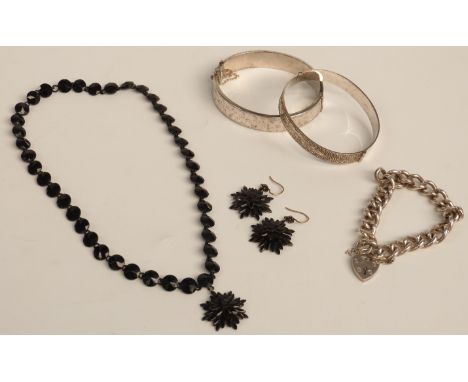 Victorian jet necklace and earrings with 9ct gold fittings, two silver bangles and a curb link silver bracelet&nbsp;