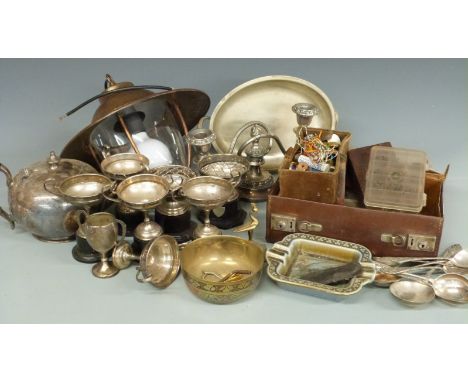 Outdoor fisherman style light fitting and a quantity of silver plate to include trophy cups and a vintage case of equipment t