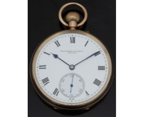 Pleasance &amp; Harper of Bristol 9ct gold keyless winding open faced pocket watch with inset subsidiary seconds dial, blued 